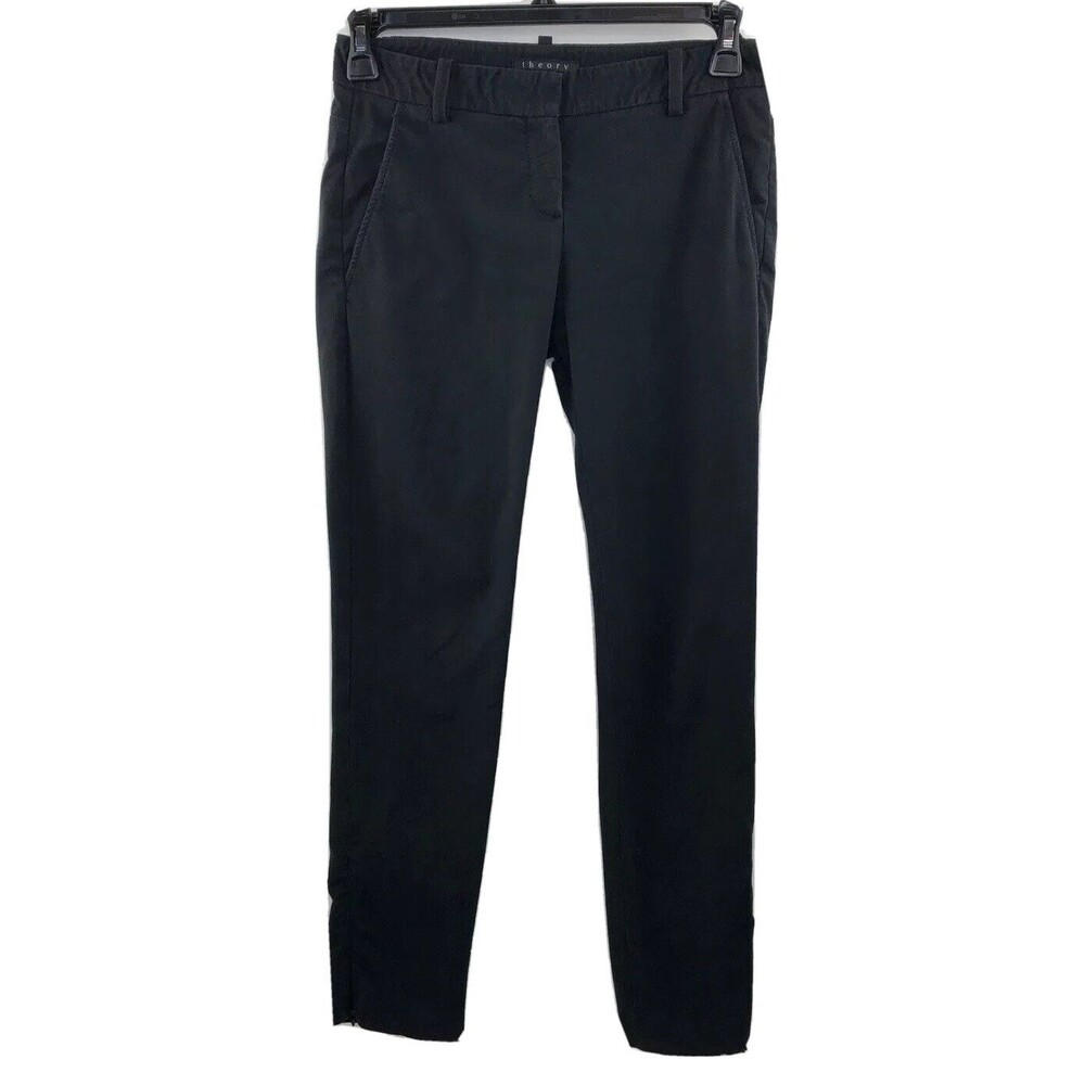 Theory Womens 2 Black Straight Leg Stretch Pants Trousers Ankle Zippers Elastane